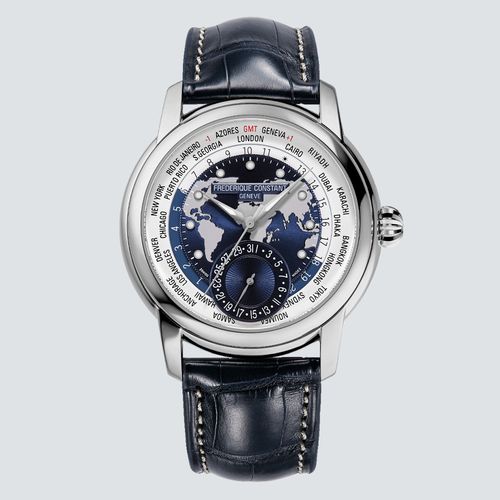 Frederique Constant Reloj Classic Worldtimer Manufacture Acero Dial Azul 42mm