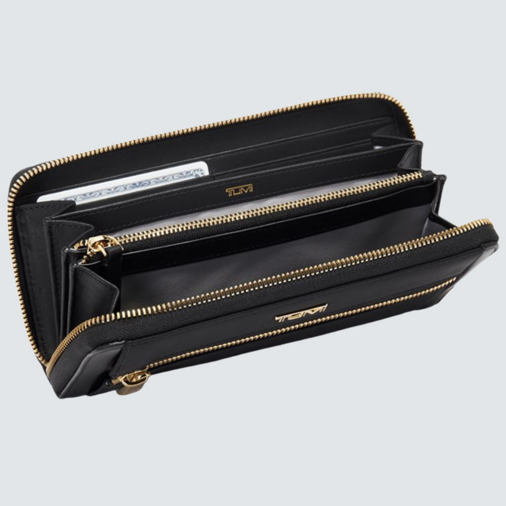Tumi billetera voyageur slg zip around continental black gold
