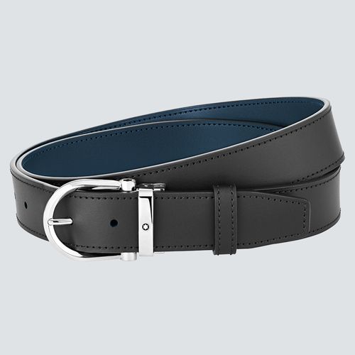 Montblanc Cinturón Reversible de Piel Negra y Azul de 35mm con Hebilla en Forma de Herradura
